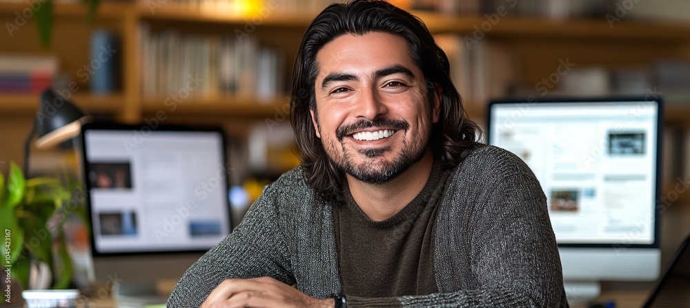 Confident Hispanic Freelancer Smiling at His Home Office Desk, Surrounded by Technology Confident Hispanic Freelancer Smiling at His Home Office Desk, Surrounded by Technology