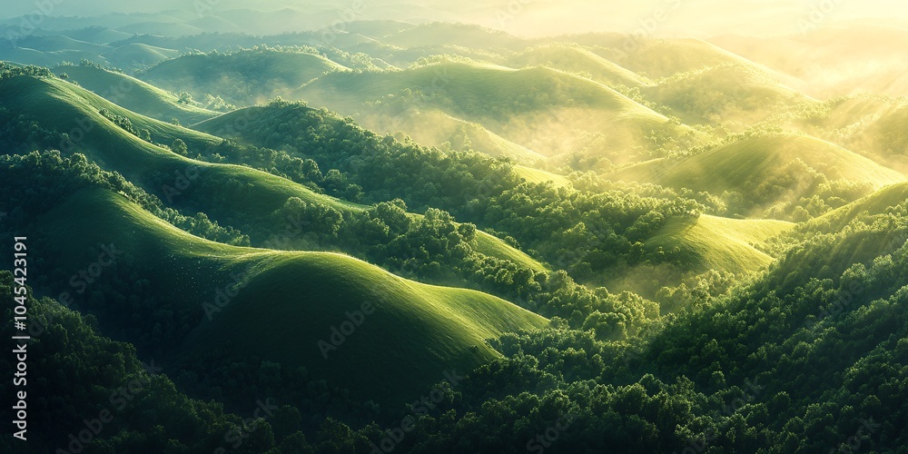 Landscape of Rolling Green Hills and Dense Forests Bathed in Golden Morning Light, Capturing the Serenity and Tranquility of Nature for an Ideal Background Landscape of Rolling Green Hills and Dense Forests Bathed in Golden Morning Light, Capturing the Serenity and Tranquility of Nature for an Ideal Background