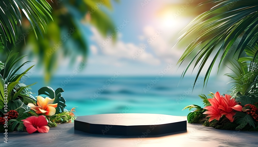 Obraz premium podium with surrounding flowers and blurred beach scene for product display