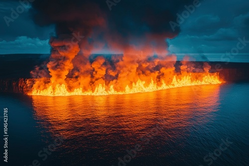 Aerial View of Lava Flowing into the Ocean