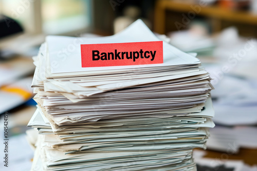 A large stack of unpaid invoices on a cluttered desk, with a red 