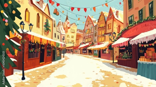 A joyful cartoon of a European holiday market with colorful decorations, with space for text