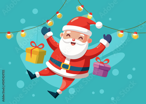 Charming Santa Claus Swinging with Christmas Lights and Gift on Aqua Blue Background Illustration