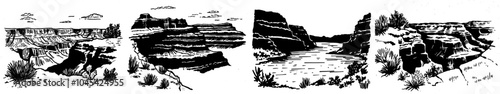 The Grand Canyon in Arizona, United States. Graphic monochrome landscape, hand-engraved. Mountain peaks with forest. Modern illustration for posters or labels.