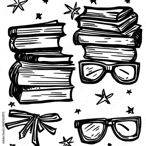 The book sketch seamless pattern. School education and library doodle modern background with books pile. Education textbook, school sketch pattern with books.