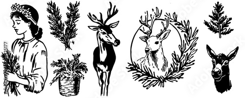 Deer lady Walrus Crocodile Smoking Goat Dog Donkey Alpaca Llama skier. Hand drawn portrait. Engraved monochrome sketch for card, label, or tattoo. Hipster Anthropomorphism.