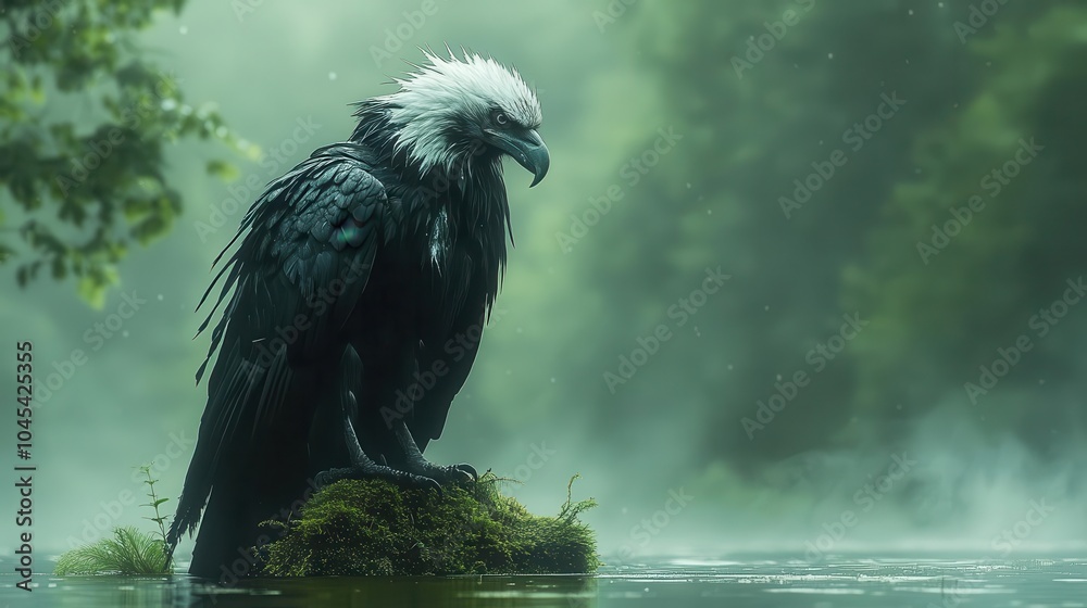 Fototapeta premium a striking black bird with a pristine white head perches gracefully showcasing its unique coloring and sharp features emphasizing its beauty against a soft blurred background