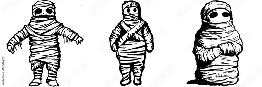 In black ink drawing on transparent background, boy dressed in Halloween mummy costume poses with arms outstretched and scares. In black ink drawing on transparent background, boy dressed in Halloween mummy costume poses with arms outstretched and scares.