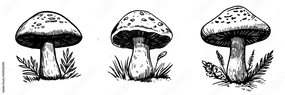 Detailed outline illustration of mushroom set on white background. Detailed outline illustration of mushroom set on white background.
