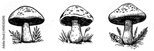 Detailed outline illustration of mushroom set on white background.