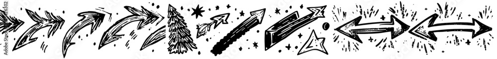 Direction arrows drawn in thin lines, curvy swirls, pointing frames, zigzags, swirl loops and wavy curves, perfect for infographics Direction arrows drawn in thin lines, curvy swirls, pointing frames, zigzags, swirl loops and wavy curves, perfect for infographics