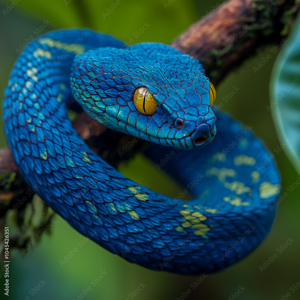 Fototapeta premium Blue pit viper snake native to Indonesia, showcasing its vibrant color and intricate patterns