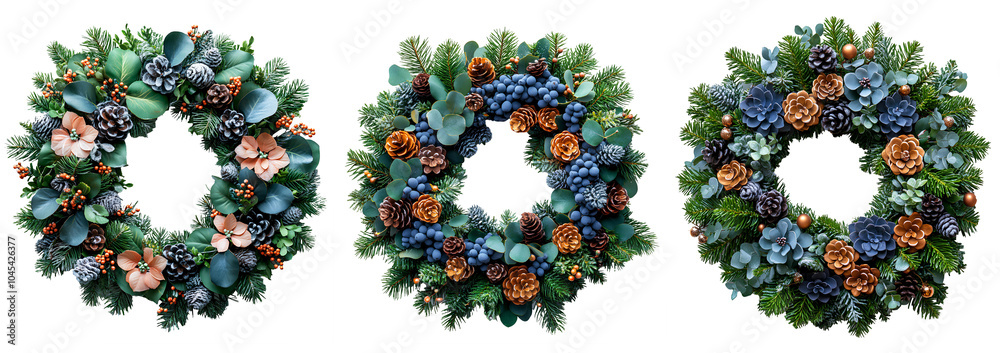 Christmas wreath set PNG, top view. Festive wreath made of green pine branches, decorated with berries and a pine cone. Christmas wreath flat lay PNG as decor for Christmas