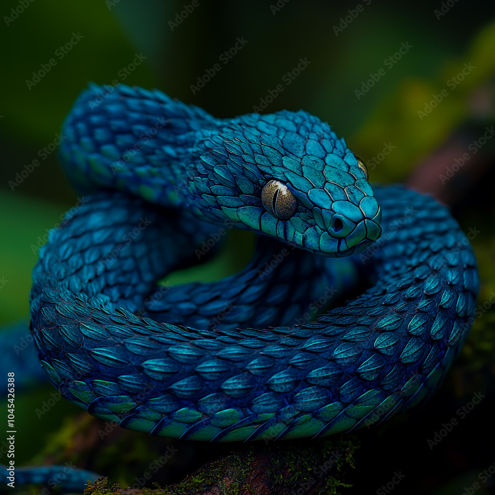 Fototapeta premium Blue pit viper snake native to Indonesia, showcasing its vibrant color and intricate patterns