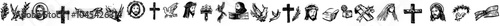 Set of doodle icons in religious, catholic, and Christian themes, minimalistic line art monoline religious illustrations, hand-drawn pattern laser cutting engraving