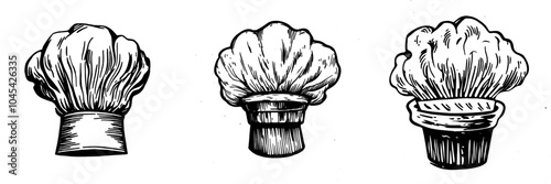 Retro chef hat icon, contour vintage toque of cook. Symbol of cafe, restaurant or pizzeria. Line hand drawn character as baker icon.