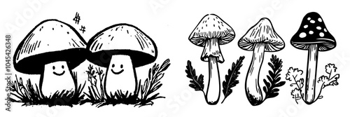This colorful mushroom drawing set depicts various mushrooms in flat sketch format. It includes champignon, chanterelle, and shiitake mushrooms.