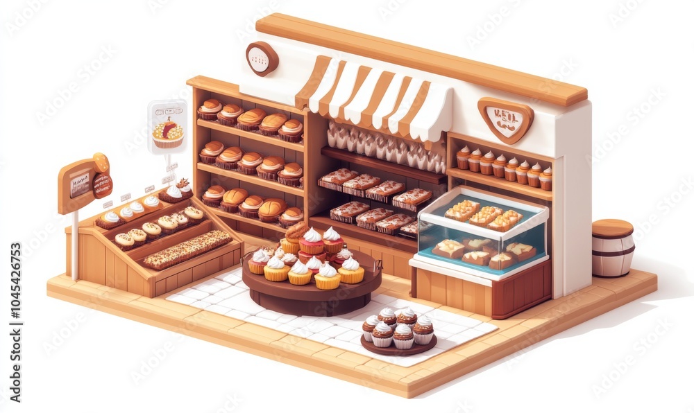 Isometric bakery with shelves of bread, cupcakes, and pastries displayed in a warm and inviting space, 3D icon set Isometric bakery with shelves of bread, cupcakes, and pastries displayed in a warm and inviting space, 3D icon set