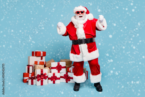 Full length body size view of his he nice fat cheerful cheery glad excited bearded Santa pile stack purchases winner sale discount isolated over blue turquoise pastel color background