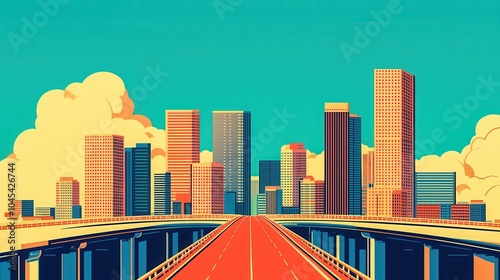 A vibrant city skyline with modern skyscrapers under a bright sky and a road leading into the heart of the city - civil engineering in transportation infrastructure. photo