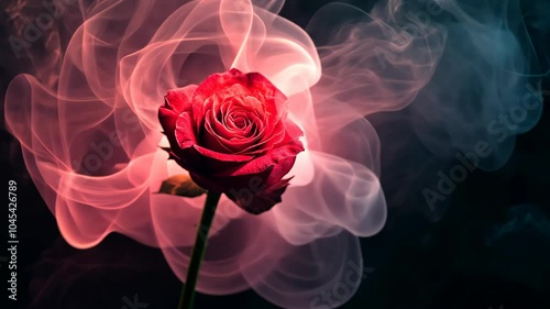 A single red rose blooms surrounded by ethereal pink smoke against a dark background