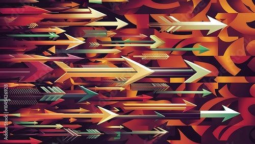 Energetic geometric background featuring an array of dynamic arrows in harmonious motion, evoking sense of speed, agility and purposeful flow