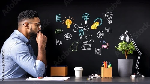 The Brainstorm: A focused businessman contemplates his next big move, surrounded by hand-drawn ideas on a blackboard, representing the endless possibilities of innovation and creativity.