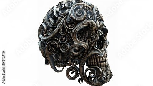 A detailed 3D rendering of a human skull adorned with ornate, intricate, and flowing metalwork. The skull is rendered in a metallic gold finish, with the metalwork in a contrasting dark gray.