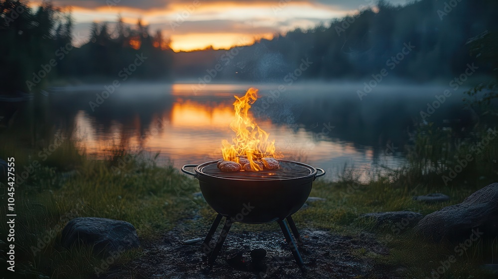 a vibrant black grill with flames dancing set against a serene lake backdrop highlighting the joy of summer camping and outdoor cooking creating a relaxing and mouthwatering scene a vibrant black grill with flames dancing set against a serene lake backdrop highlighting the joy of summer camping and outdoor cooking creating a relaxing and mouthwatering scene