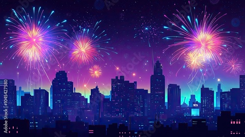 Bright colorful fireworks burst in the night sky over a cityscape. Celebration mood with ample copy space