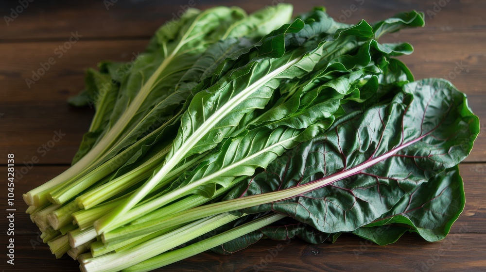 A bunch of green spinach leaves are piled on a wooden table A bunch of green spinach leaves are piled on a wooden table