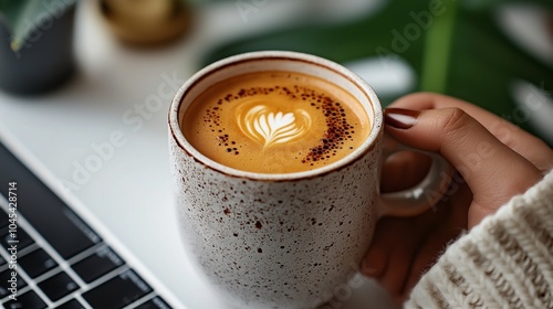 Cup of coffee on the table near laptop on work table photo