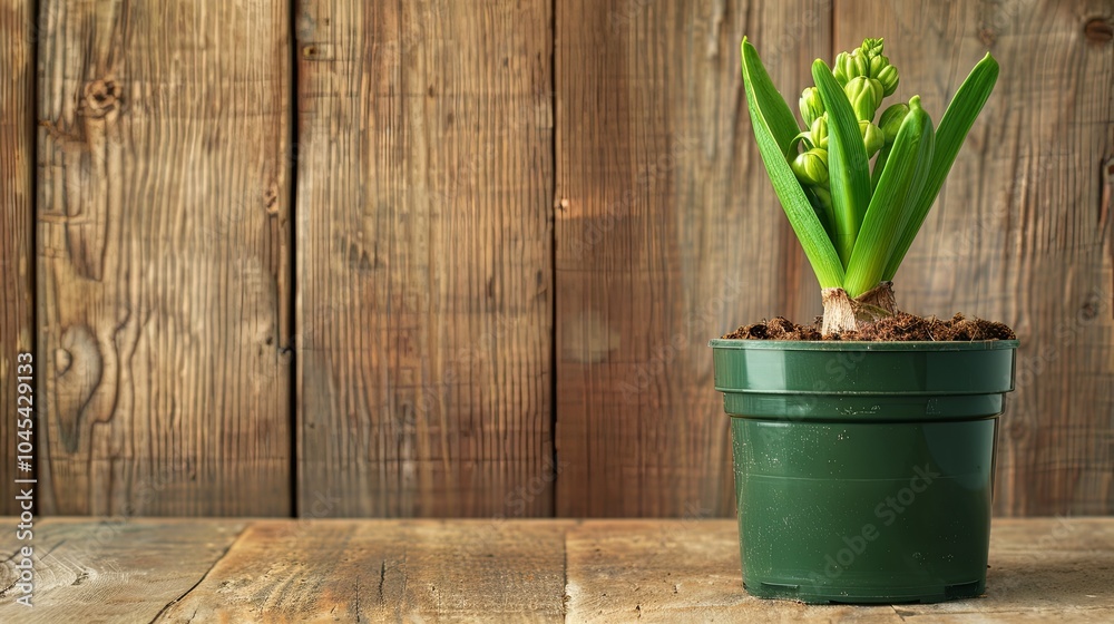 A green potted hyacinth with green leaves and buds against a rustic wooden background. A green potted hyacinth with green leaves and buds against a rustic wooden background.