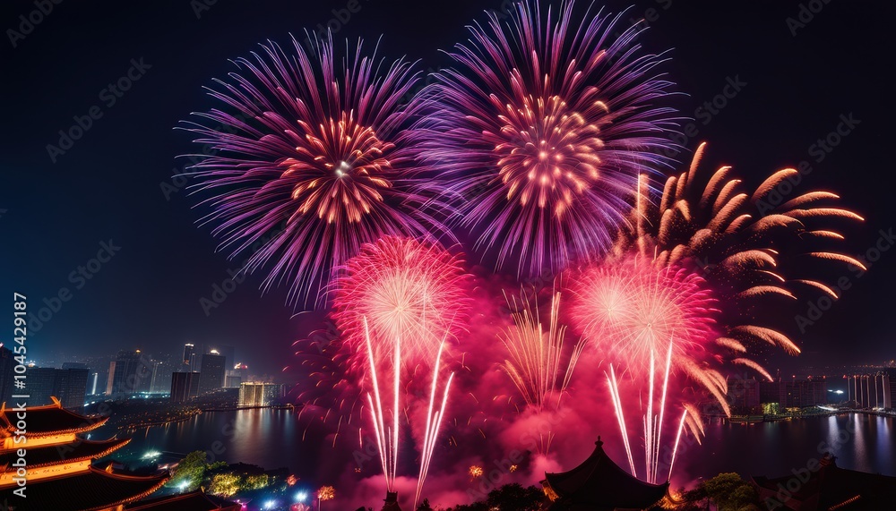 Beautiful firework display for celebration on the river Beautiful firework display for celebration on the river