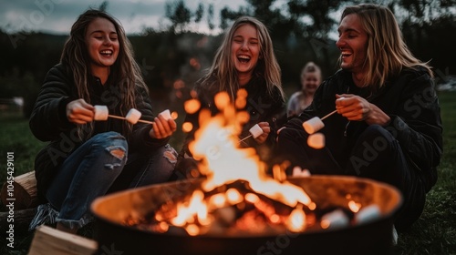 Happy friends roasting marshmallows around a campfire at dusk.