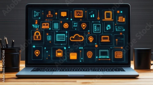 a visual representation of regulatory compliance and governance unfolds through digital icons on a laptop screen symbolizing the crucial importance of adhering to guidelines in the digital age