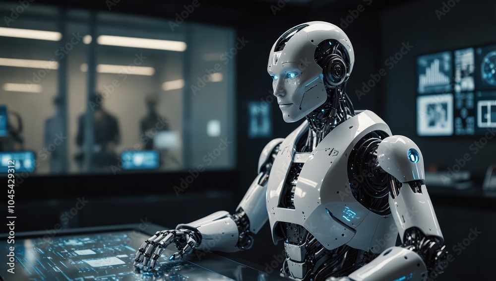 A sleek, humanoid robot working in a high-tech lab, interacting with touchscreens and holographic interfaces. The setting is a bright, modern lab filled with cutting-edge technology and machinery A sleek, humanoid robot working in a high-tech lab, interacting with touchscreens and holographic interfaces. The setting is a bright, modern lab filled with cutting-edge technology and machinery