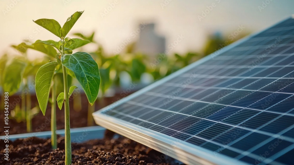 Fototapeta premium Urban Rooftop Solar Panels in a Garden Setting