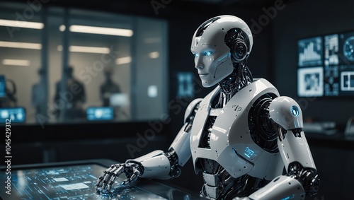 A sleek, humanoid robot working in a high-tech lab, interacting with touchscreens and holographic interfaces. The setting is a bright, modern lab filled with cutting-edge technology and machinery