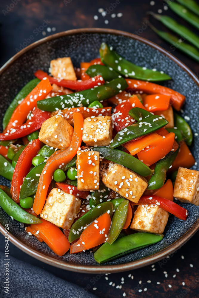 Aerial view of a colorful stir-fried vegetable dish with tofu, bell peppers, carrots, and snap peas, garnished with sesame seeds. Aerial view of a colorful stir-fried vegetable dish with tofu, bell peppers, carrots, and snap peas, garnished with sesame seeds.