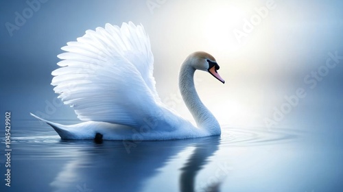 A graceful white swan with its wings spread wide, gliding through calm blue water.