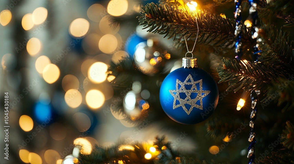 Blue ornament with star design on a Christmas tree Blue ornament with star design on a Christmas tree