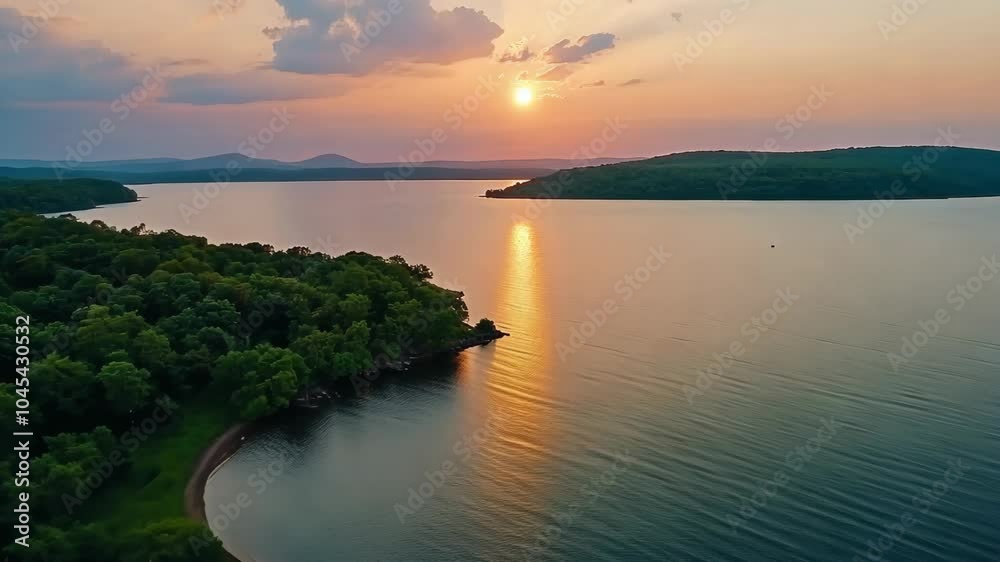 A peaceful sunset over a lake, with a small island in the foreground A peaceful sunset over a lake, with a small island in the foreground