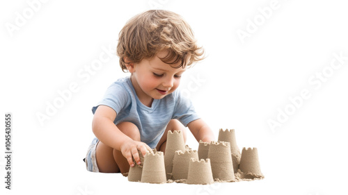 Young child building sandcastles on the beach during a sunny day, deeply engaged in creative play while enjoying summer.