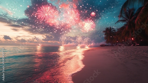 Bright fireworks in the sky above a beach, no people, celebration concept with copy space