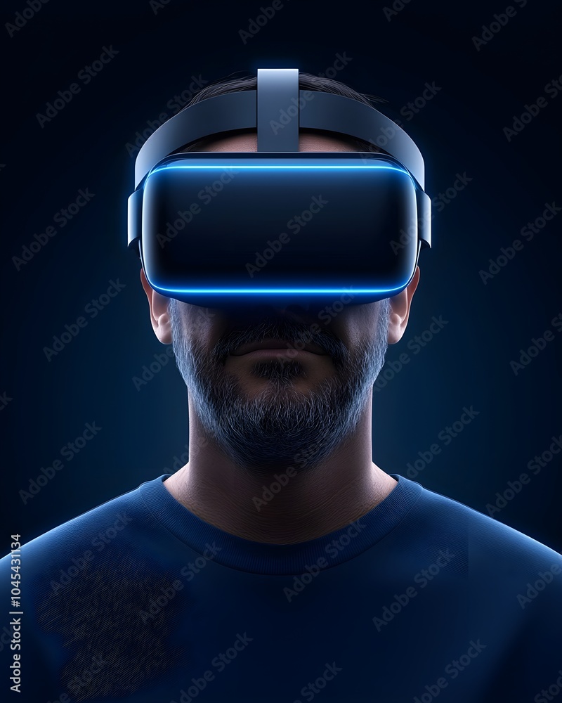 Man immersed in virtual reality experience with glowing headset Man immersed in virtual reality experience with glowing headset