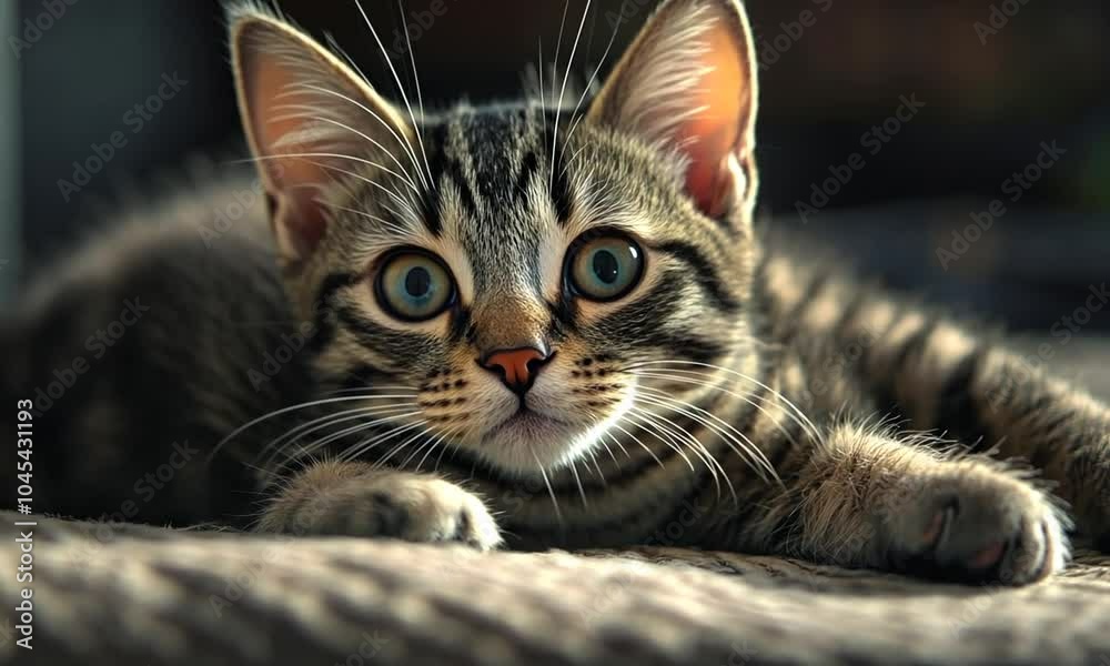 A close-up of a cute tabby kitten resting with wide eyes. A close-up of a cute tabby kitten resting with wide eyes.