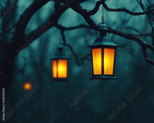 Vintage Halloween Lanterns Hanging from Twisted Tree