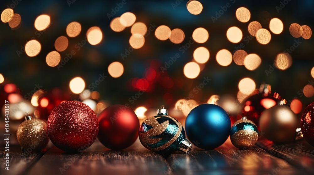Festive Christmas ornaments with glowing lights background Festive Christmas ornaments with glowing lights background