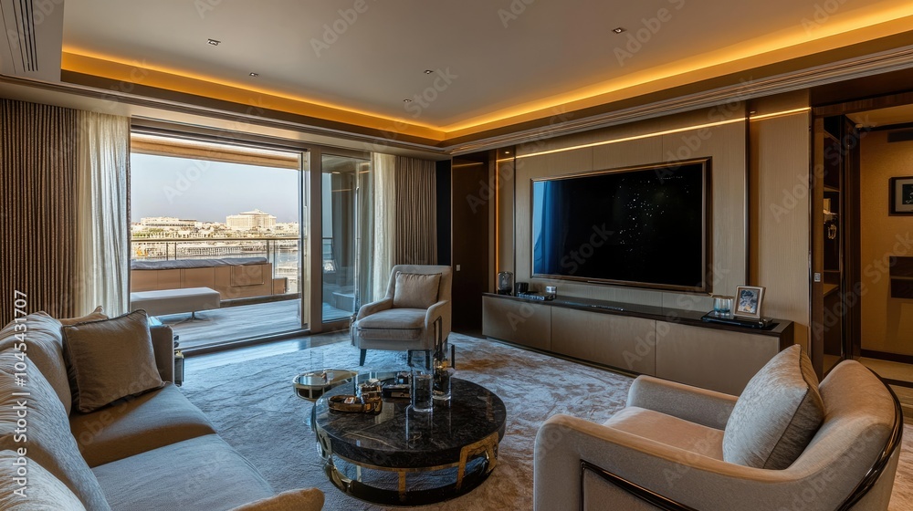 Fototapeta premium Modern luxury apartment room with a cozy balcony, cushioned chairs, and a sleek television setup
